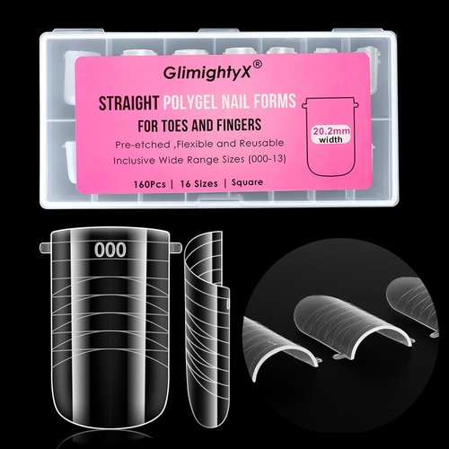 Straight Flat Polygel Nail Forms for Finger and Toes,GlimightyX Pre-etched No File Dual Forms Molds for Large Wider Normal Petite Finger &Toe Nail Beds,16 Sizes 000 to 13