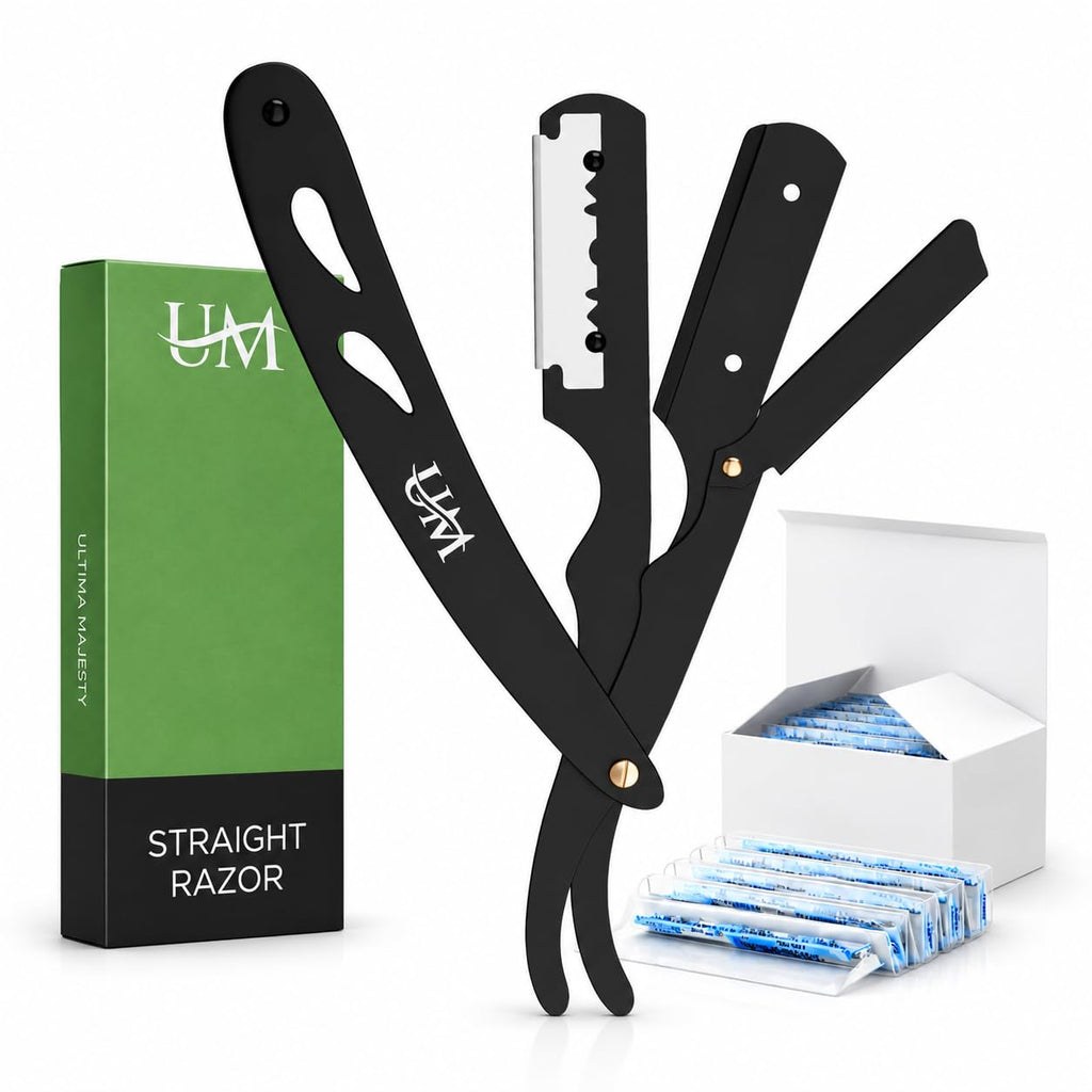 UM Supplies Straight Edge Razor Professional Barber Shaving Razor Kit With 10 Replaceable single Edge Blades