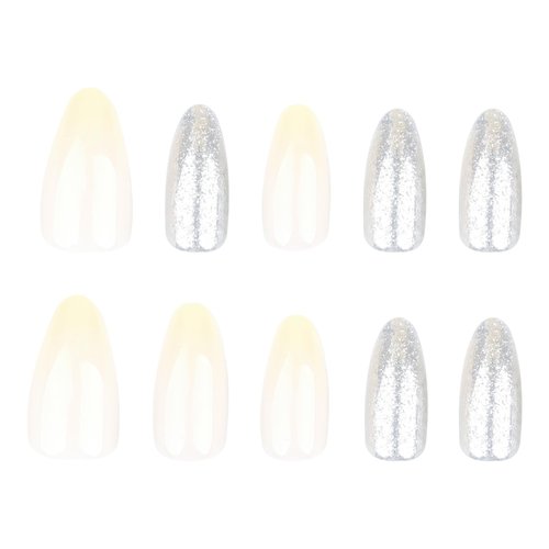 Fomkrio White Omber and Silver Glitter Medium Press On Nails Almond Acrylic Fake Nails with Designs Spring Summer Nails for Women Girls, 15 Sizes - 30Pcs Manicure Nail Kit