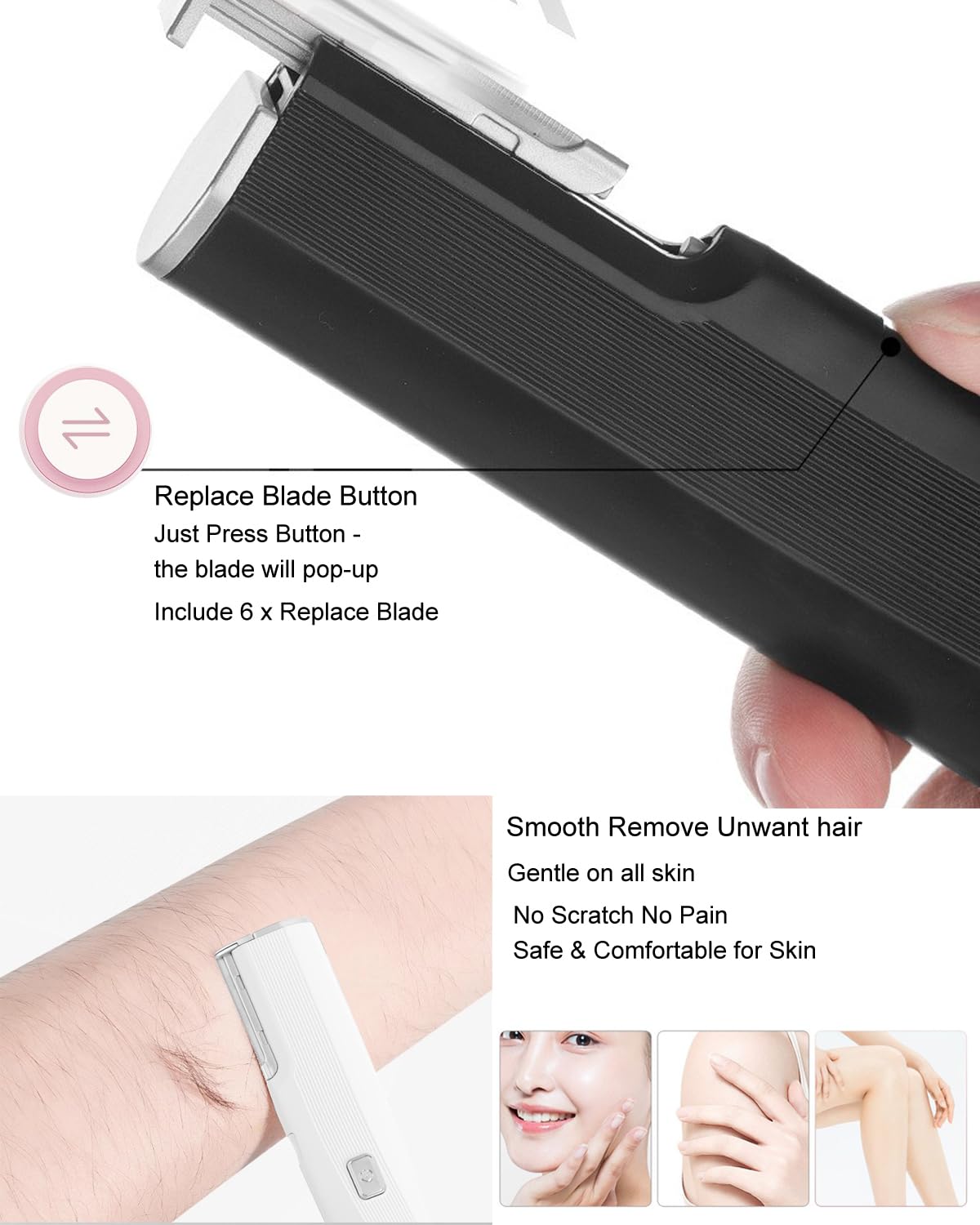 Electric Facial Exfoliator for Women, 2 Speed Vibrate Dermaplaning Face Razor for Peach Fuzz,Exfoliation & Body Hair Removal with 6 Replace Blades - Safety Micro-Guards (Black)