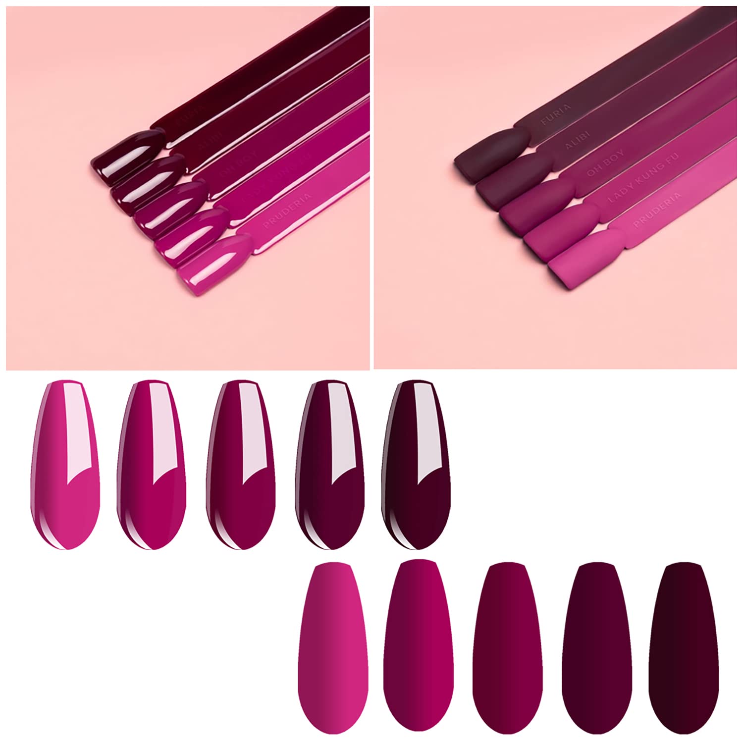 Vishine Gel Polish 12Pcs Soak Off UV LED Nail Art Manicure DIY Salon Set Pink Fuchsia Rose Purple Color Series with Matte Top Coat 8ml