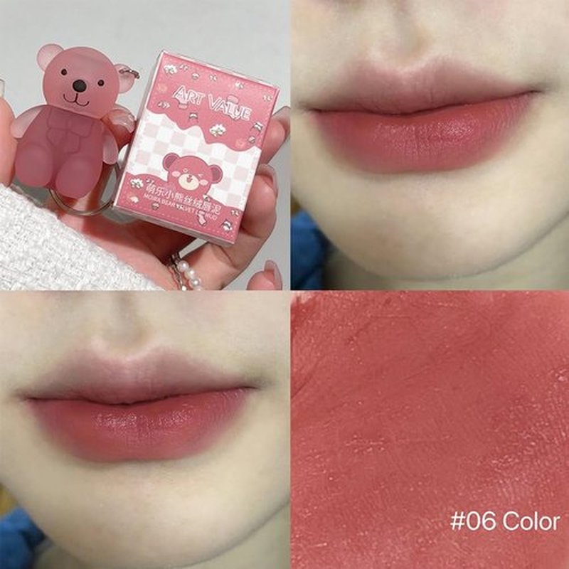 Petansy Velvet Matte Liquid Lipstick, 6 Colors Waterproof Long Lasting Lip Gloss Lip Stain, Cute Bear 2 in 1 Key Chain Lip Gloss, Korean Lip Glaze Natural Lip Makeup
