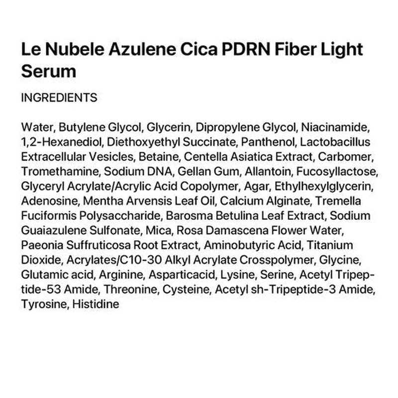 Le Nubele Azulene Cica PDRN Fiber Light Serum 01, Salmon DNA PDRN 2,000ppm, Peptide, Panthenol, Skin Restoration, Barrier-Repair, Hydrating & Firming, Korean Skin Care, 30ml/1.01 fl.oz.