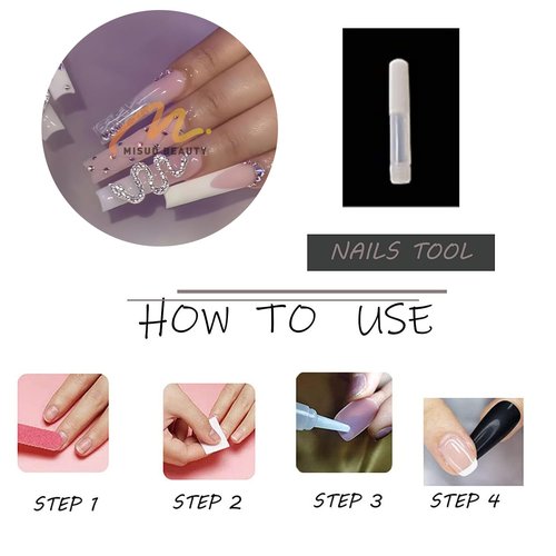 MISUD Press on Nails - Long Square Glue on Nails with French Tip, Acrylic Snake Rhinestone Design 24 pcs