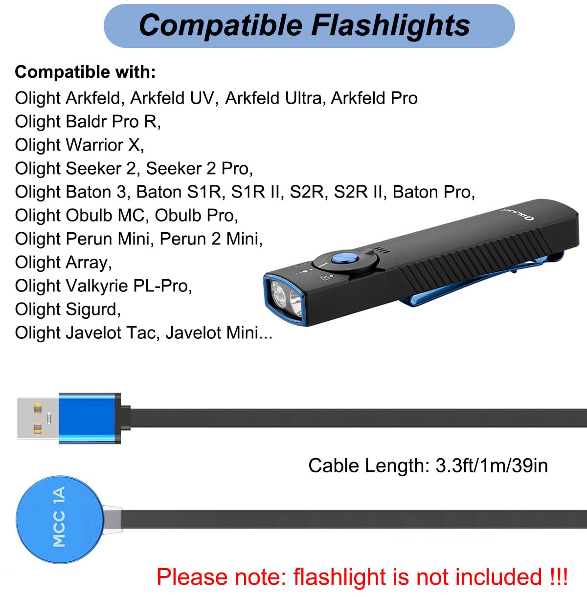 Charger for Olight ArkPro, Arkfeld Ultra, Baldr Pro R, Warrior X, Seeker 2, Obulb, Perun Mini, Valkyrie PL-Pro, Baton3 S2R II - Replacement USB Charging Cable for Flashlights (3.3ft/1m)