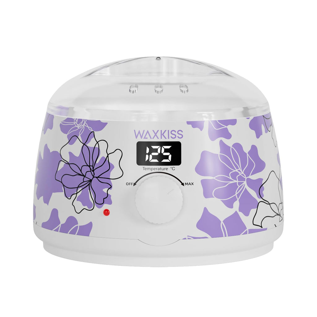 Waxkiss Digital Wax Warmer, White with Purple Floral Prints, 14oz Non-Stick Silicone Pot Hair Removal Heater, Adjustable Temperature with See-Through Lid for Women Men