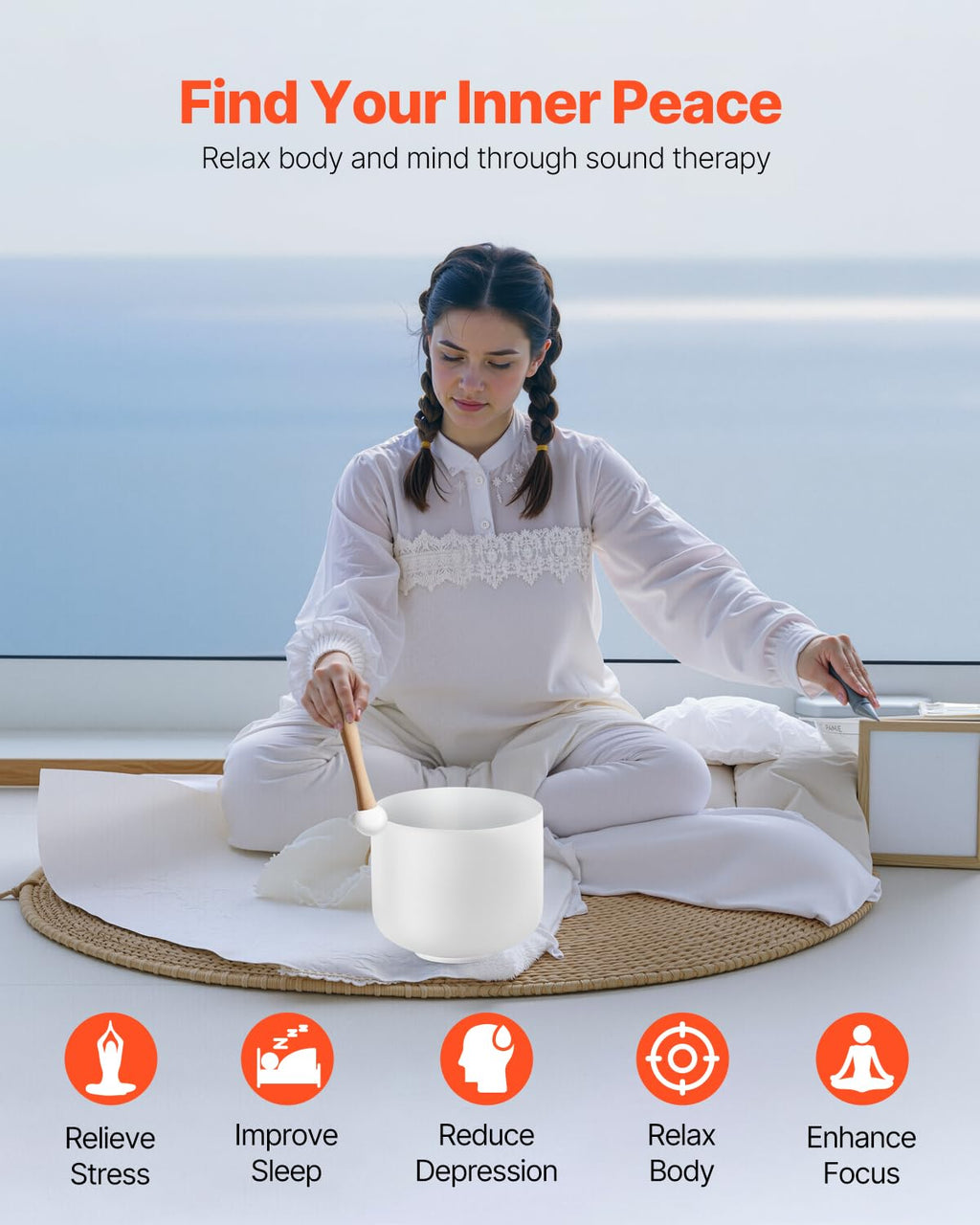 VEVOR Crystal Singing Bowl, 8-inch F Note Heart Chakra Singing Bowl, Portable Frosted Quartz Singing Bowl with Rubber Mallet, O-Ring and 8" Carrying Bag, Perfect for Meditation Yoga Sound Healing Bath
