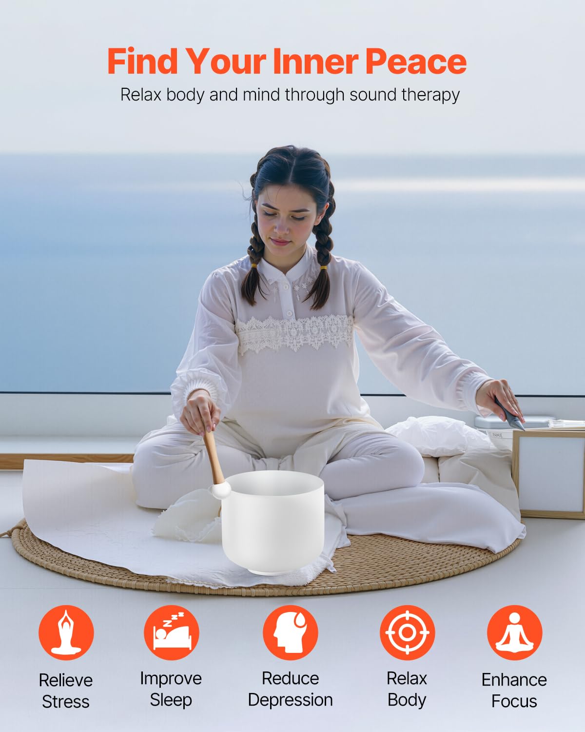 VEVOR Crystal Singing Bowl, 8-inch F Note Heart Chakra Singing Bowl, Portable Frosted Quartz Singing Bowl with Rubber Mallet, O-Ring and 8" Carrying Bag, Perfect for Meditation Yoga Sound Healing Bath
