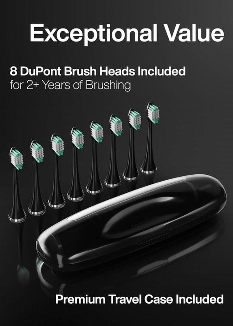 Aquasonic Black Series Ultra Whitening Toothbrush - ADA Accepted Electric Toothbrush | 8 Brush Heads & Travel Case, 40,000 VPM Motor