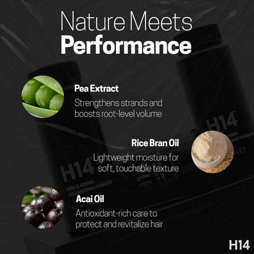 H14 Rise & Grind Hair Powder for Men – Volumizing Matte Finish Styling Dust with Extra Hold – Lightweight Thickening Powder with Pea Extract & Acai Oil – Residue-Free Texture Booster, 0.71 oz
