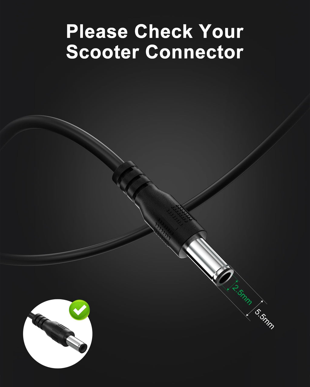 VHBW 42V 2A Electric Scooter Charger–Compatible with GoTrax GXL V2, Apex, XR Ultra, Electric Scooters with 36V Lithium Battery - Round DC Plug (Not 3-Prong or XLR)