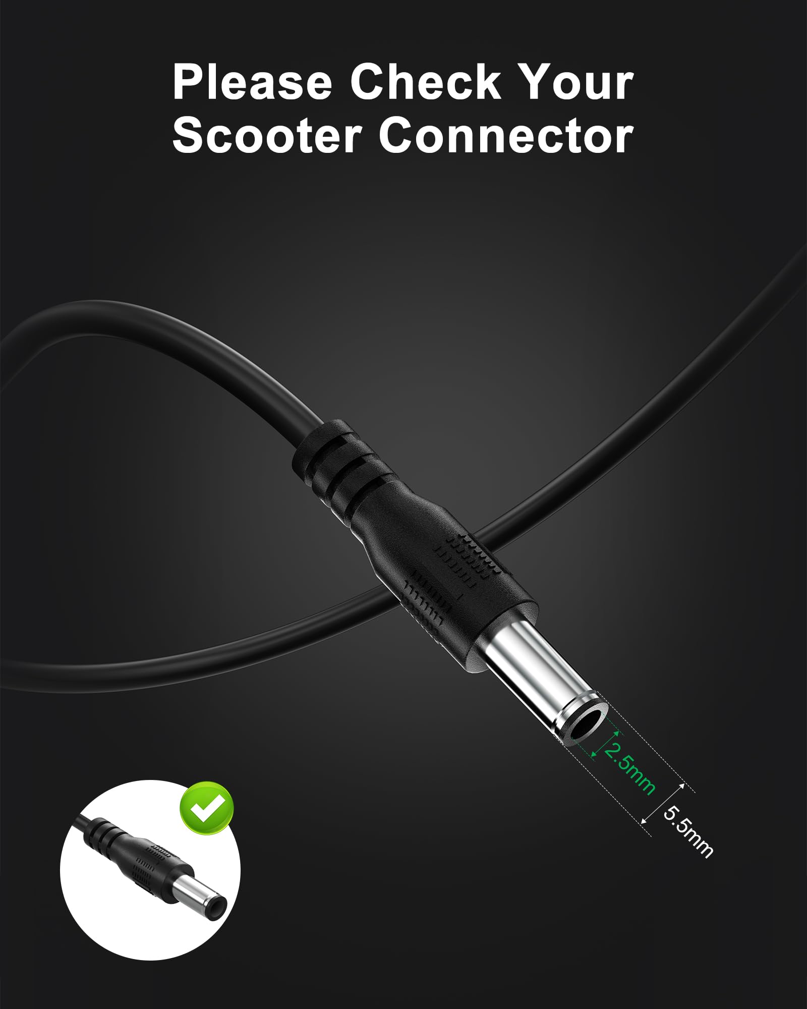 VHBW 42V 2A Electric Scooter Charger–Compatible with GoTrax GXL V2, Apex, XR Ultra, Electric Scooters with 36V Lithium Battery - Round DC Plug (Not 3-Prong or XLR)