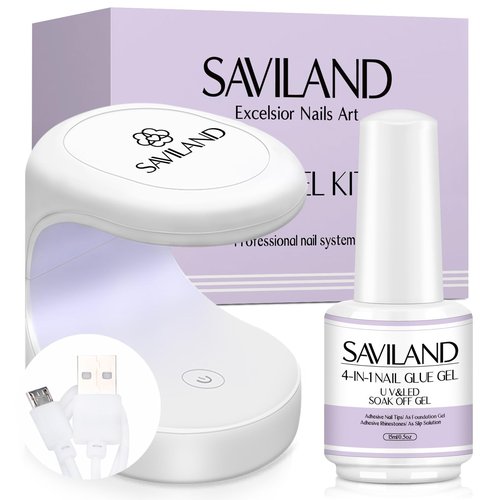 SAVILAND Gel Nail Glue with Lamp: U V Nail Glue Gel DUO for Nails Tips 15 ML and U V Light for Nails Fast Curing Gel Extension DIY Manicure Art Home Salon Gift