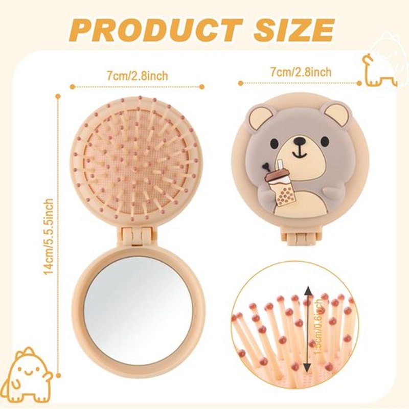 Mini travel hair brush for kids, Round Folding Pocket Mirror small toddler Hair Brush for Boys and Girls,Baby hair detangling brush Massage Hair Brush with Air Cushion for Thick Hair (Beige)