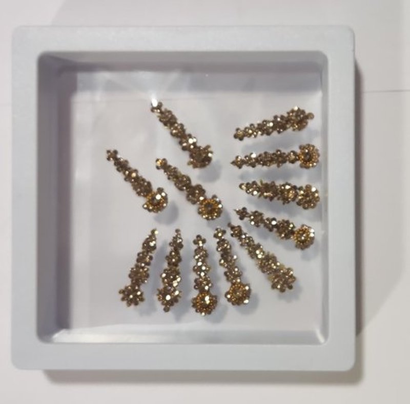 12 Bindi Box Long Crystal Bindis Bridal face Jewels Forehead Tika (With Extra Crystal Stones) | wedding makeup party event body art temporary tattoo Indian Bindi for women (Golden)