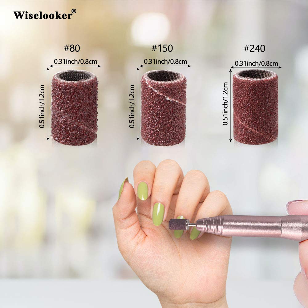 Wiselooker 300pcs Sanding Bands Nail Buffers for Menicure #80#150#240 Coarse Meduim Fine Grit Professional for Acrylic Nail Drill Efile Drills Dremal Machine