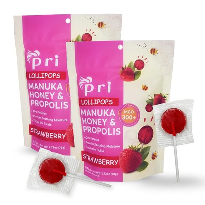 P.R.I Strawberry Manuka Honey Lollipops - Throat Soothing with Propolis & Menthol | 24 Count, MGO 300+