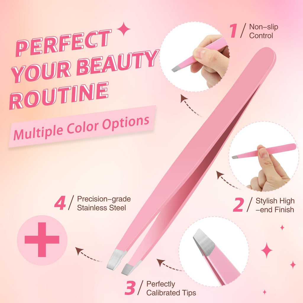 Mudder 12 Pcs Eyebrow Tweezers Set for Facial Hair Stainless Steel Slanted Tip Tweezers in Bulk for Men and Women(Pink)