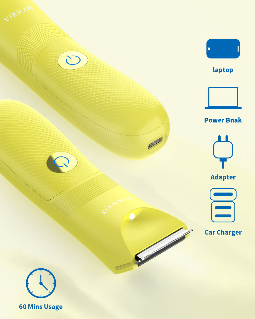 Unisex Hair Trimmer with Adjustable Guards, Cordless Electric Razor, Yellow