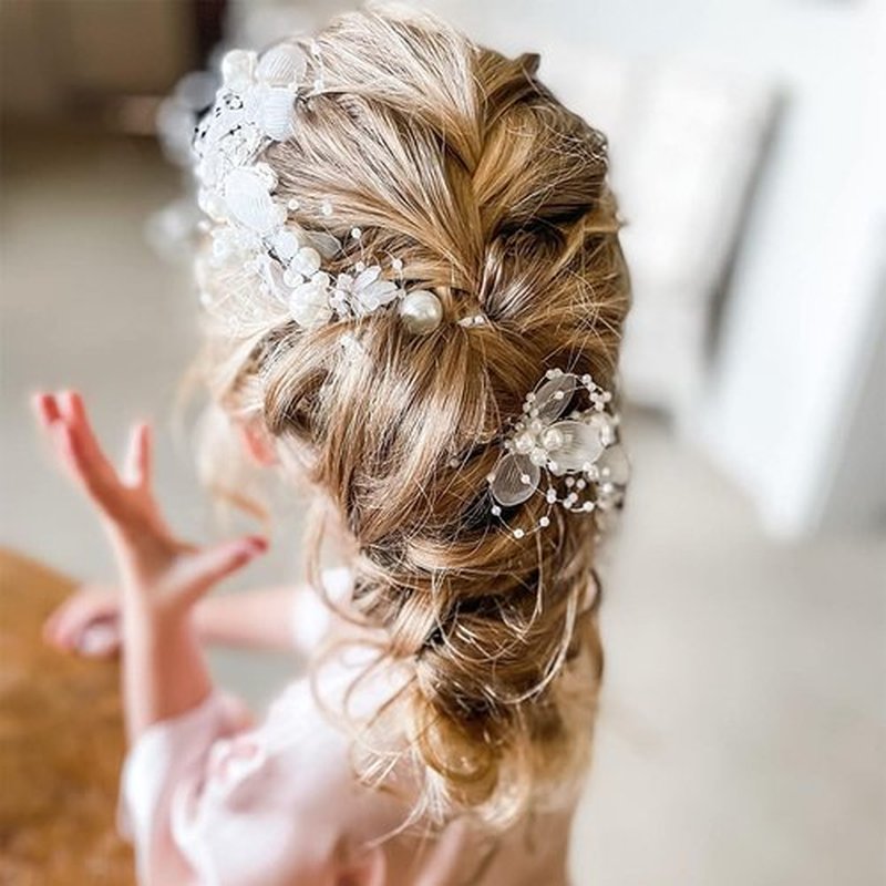 Campsis Flower Girl Headpiece Silver Princess Wedding Headband Girls Flower Pearl Hair Accessories for Birthday Party, Photography