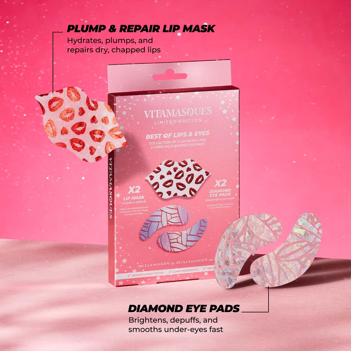 Vitamasques Under Eye Patches & Lip Mask Sheets, Best of Eyes & Lips Set 2 Packs - Eye Patches for Puffy Eyes - Under Eye Masks for Dark Circles and Puffiness - 2 x 4 Packs - 8 Pads