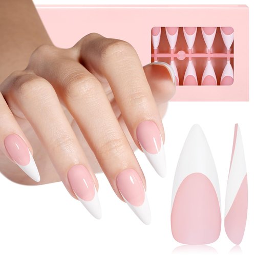 AILLSA French Gel Nail Tips, 180 Pcs French Tip Press On Nails Long Almond Pink, Pre-Applied Primer & Base Coat, No Need File, Soft Long Stiletto Nail Tips, Fake Nails for Women Gift 15 Sizes