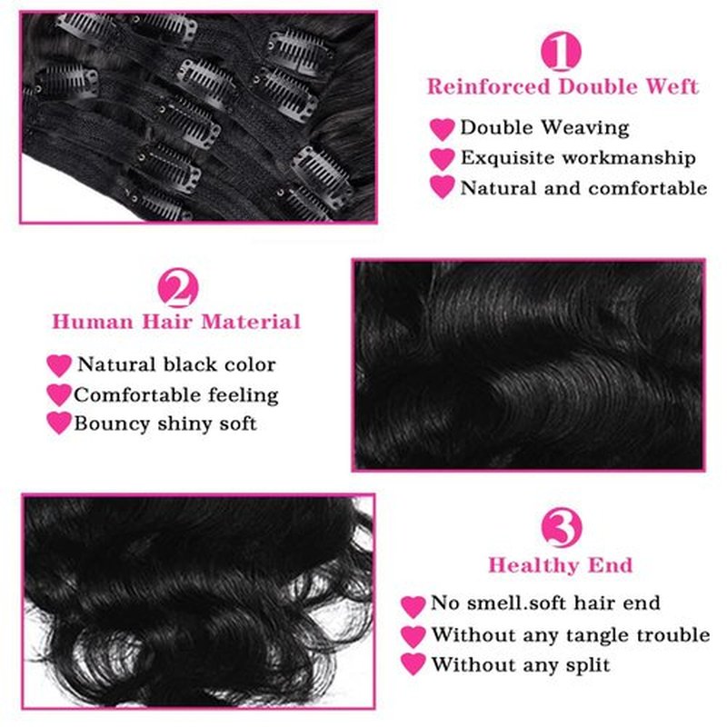 Body Wave Brazilian Clip in Hair Extensions Human Hair 8Pcs Remy Hair Extensions Clip ins for Black Women with 18Clips 120g (18inch, Natural Black)