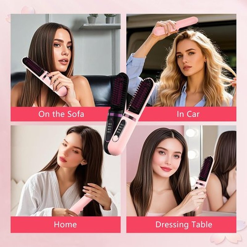 Cordless Hair Straightener Brush, Portable Straightening Brush for Women, Mini Negative Ion Hot Comb for Travel, 30Mins Auto-Off, USB Rechargeable, Fast Heating 4 Temperature Settings(Black)