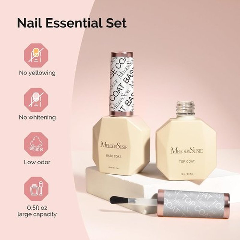 MelodySusie Top Coat & Base Coat Set - No Wipe Glossy Finish, Long Lasting Shine | 2 Pcs 15ml Clear Nail Polish Kit