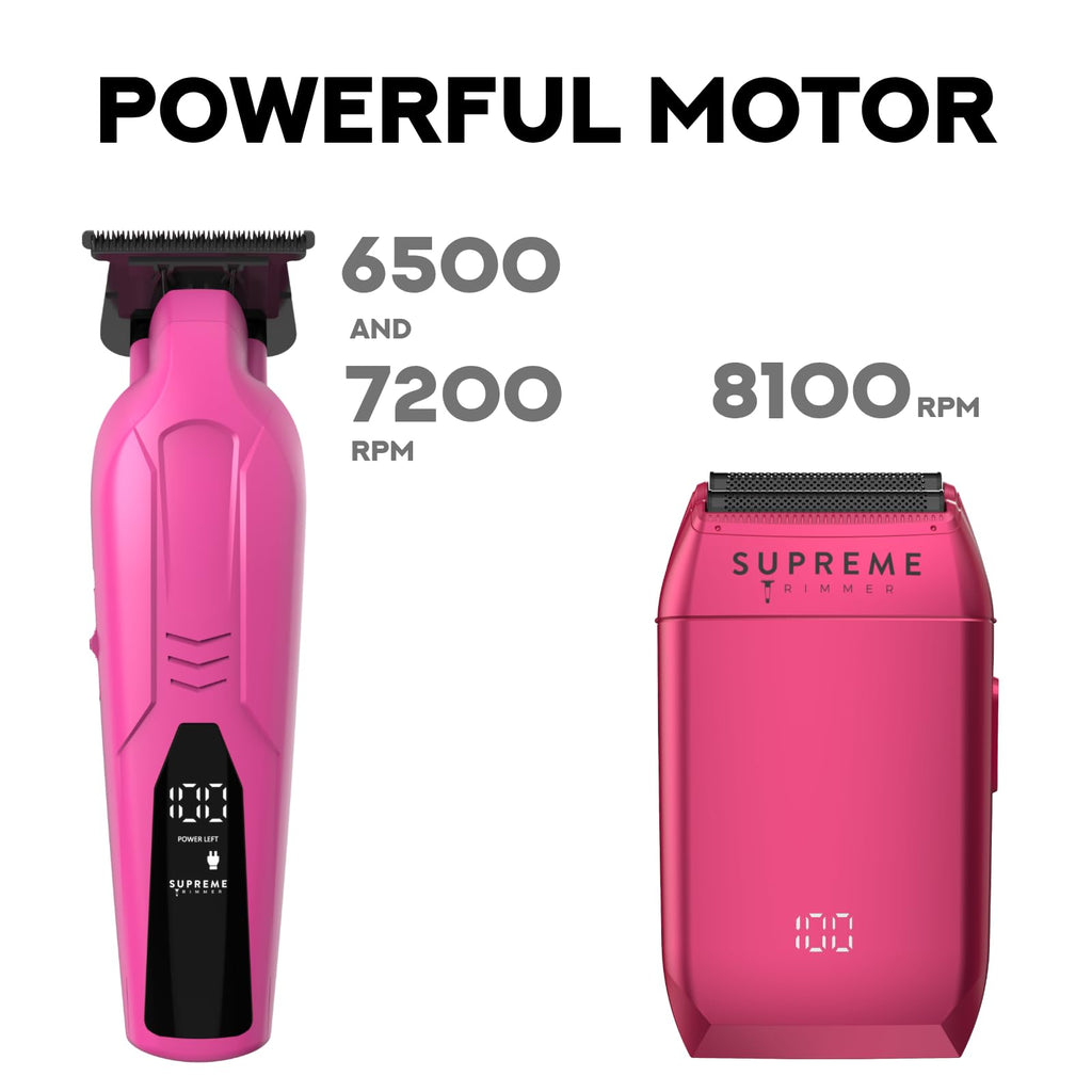 Supreme Trimmer Vader Trimmer & Crunch Foil Shaver Barber Haircutting Kit | Professional DLC T-Blade Beard Trimmer & Waterproof IPX6 Shaver Set | Pink