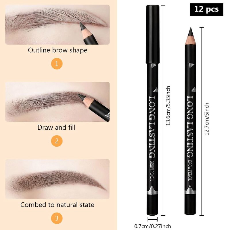 WanTuoluo Eyebrow Pencils for Women, 12Pcs Hard-Core Wooden Eye Brow Eye Liner Pen for Beginner Makeup, Waterproof & Sweat-Proof (12Pcs-Black-Eyebrow Pencils)