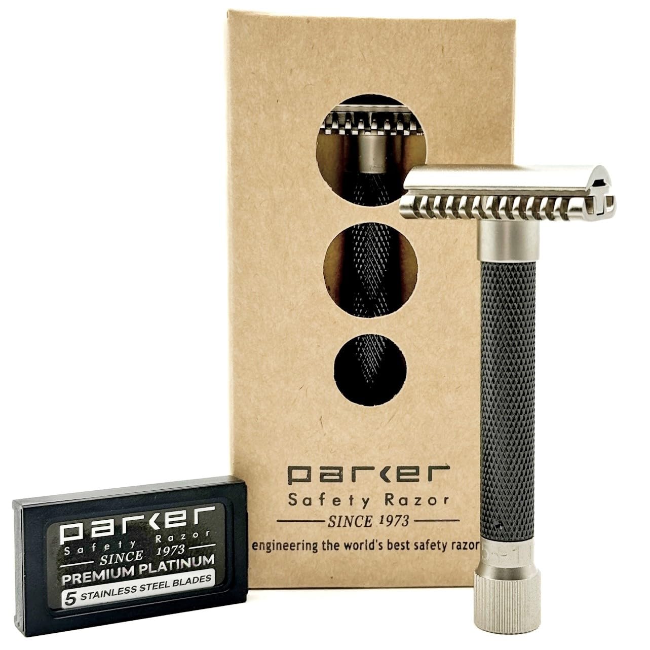 Parker THE VARIANT OPEN COMB - ADJUSTABLE Double Edge Safety Razor, Customize your Shave with a Turn of the Dial from Mild to Aggressive - 5 Blades Included