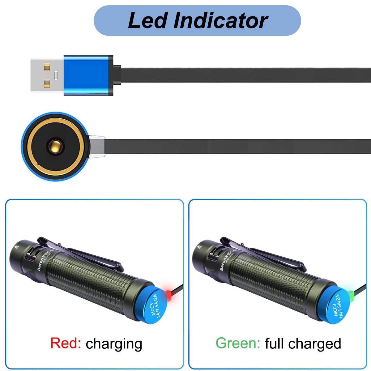 Charger for Olight ArkPro, Arkfeld Ultra, Baldr Pro R, Warrior X, Seeker 2, Obulb, Perun Mini, Valkyrie PL-Pro, Baton3 S2R II - Replacement USB Charging Cable for Flashlights (3.3ft/1m)