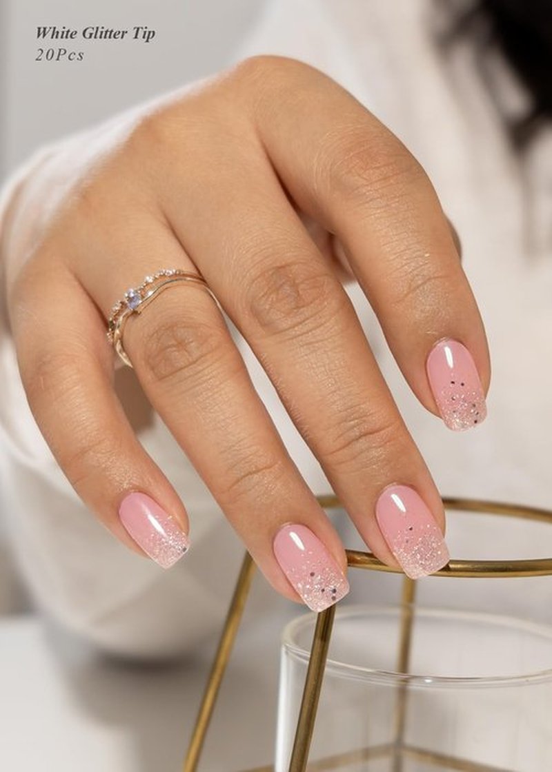 AutyaMee Semi Cured Gel Nail Strips (White Glitter Tip), 20 Pcs Pink Base Gel Nail Wraps, Stickers, Salon Quality, Long Lasting, Works with Any UV Lamps