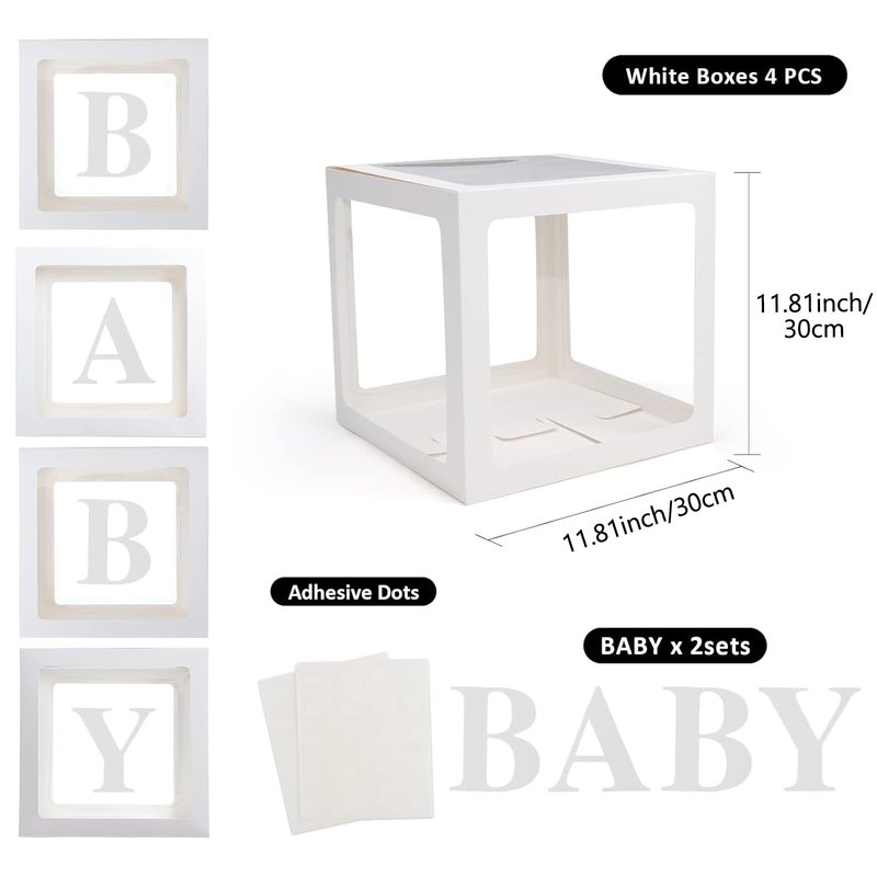 Voircoloria Baby Boxes with Letters, 4 Transparent Balloon for Gender Reveal Birthday Wedding Baby Shower Decorations (White)