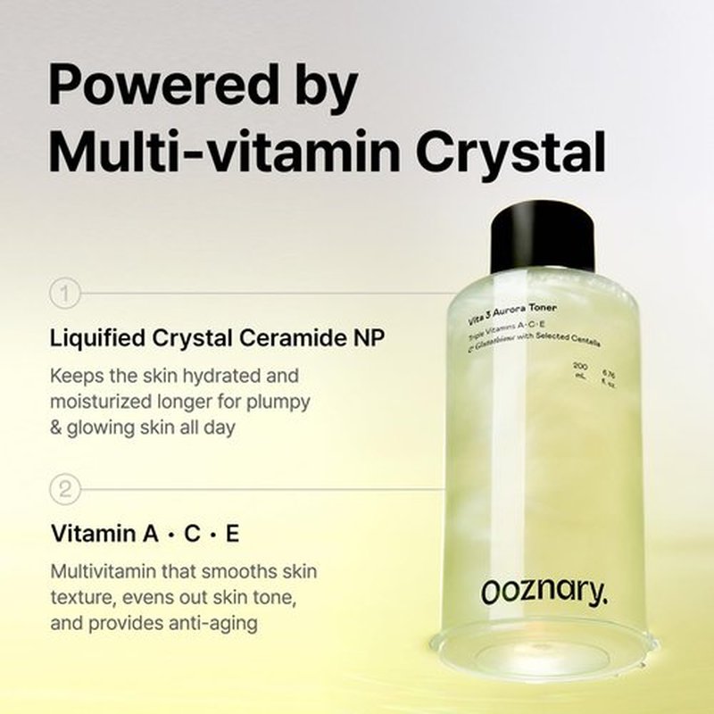 Ooznary Vita 3 Aurora Toner with Vitamin ACE and Triple Centella and Sea Buckthorn Water for Radiant Glow & Extra Hydration | Korean Skin Care | 6.76 fl.oz 200ml