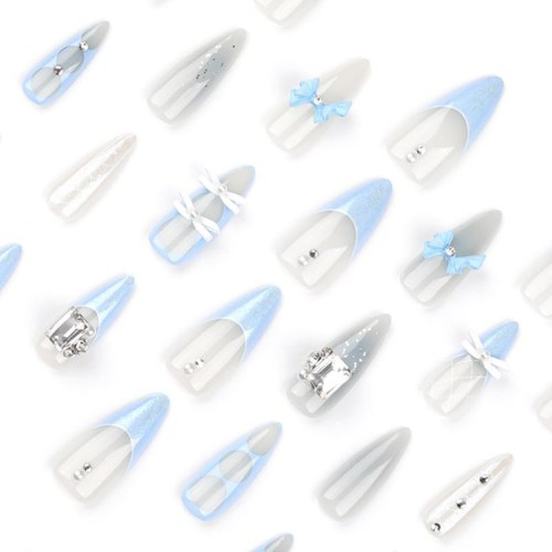 Bow Press on Nails Long Almond Fake Nails 3D Charms Rhinestone False Nails Press ons with Designs Blue Glossy Full Cover Acrylic Glue on Nails Artificial Stick on Nail for Women Manicure 24Pcs