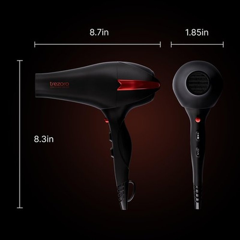 TREZORO Professional Hair Dryer with Diffuser, Ionic Ceramic Tourmaline Technology, 2000W Fast Quiet Drying, With Narrow & Wide Concentrator Nozzles, 3 Heat & 2 Speed Settings, Cool Shot Button, Black