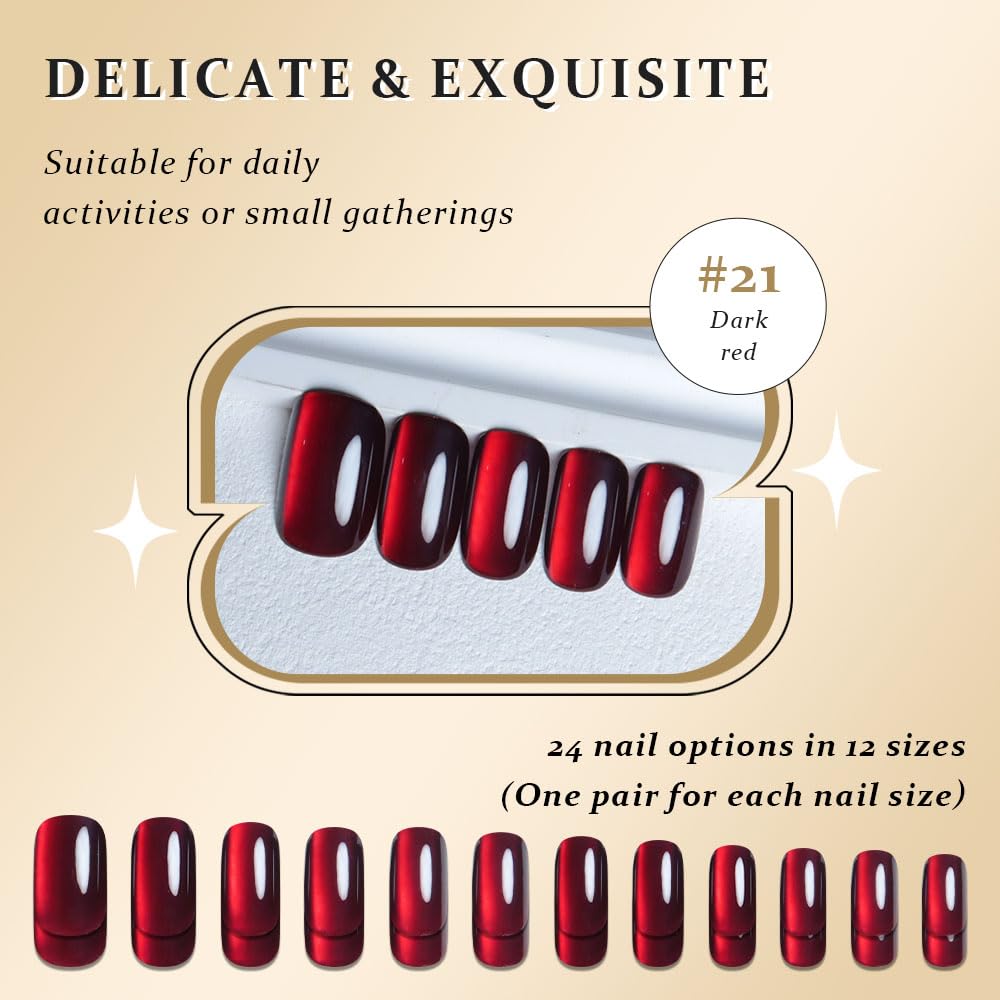 XZMeiLun Cat Eye Dark Red Press On Nails Medium Long Length Square, Designer Reusable Acrylic Fake Nail with Glue, Glossy Gel Nails Wedding Party, Stick On Glue On Nail, Nails Press Ons for Women