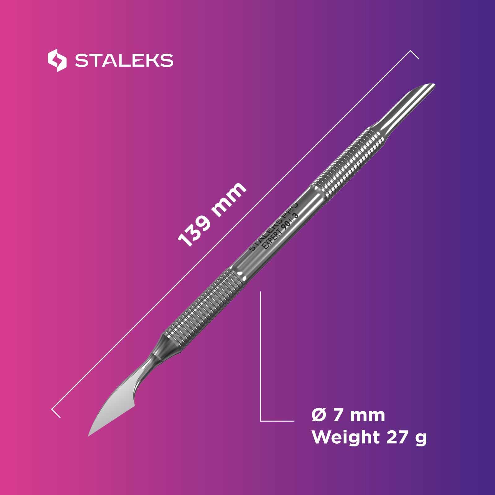 Staleks Pro Manicure Pusher Expert 90 Type 3 – Beveled & Cleaner Ends – Stainless Steel – Non-Slip Handle