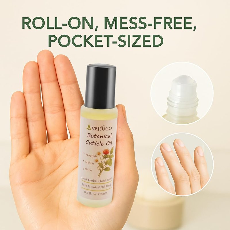 VRJEUGO Cuticle Oil Roll-On for Nails & Cuticles – 100% Natural Nourishing Formula with Chamomile, Lavender & Lemon Balm – Moisturizes Dry Skin, Strengthens Nails – Mess-Free, Fast-Absorbing – 15ml