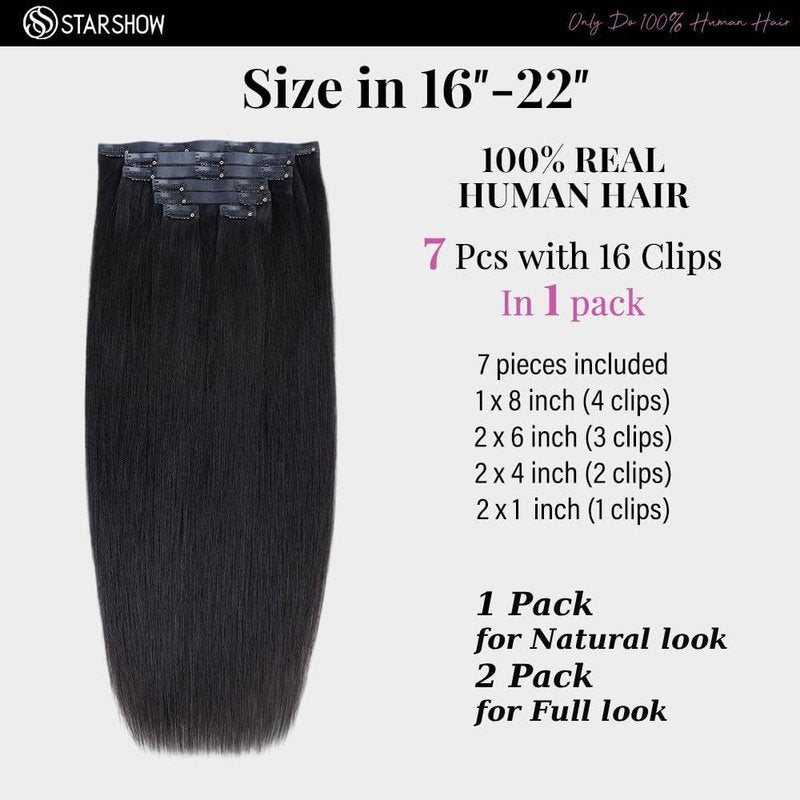 Yaki Straight Seamless Human Hair Clip in Extensions Full Max with 100% Real Soft Human Remy Human Hair Yaki Straight Clip Ins 7Pcs Per Set Natural Black (Yaki Stright, 16Inch)