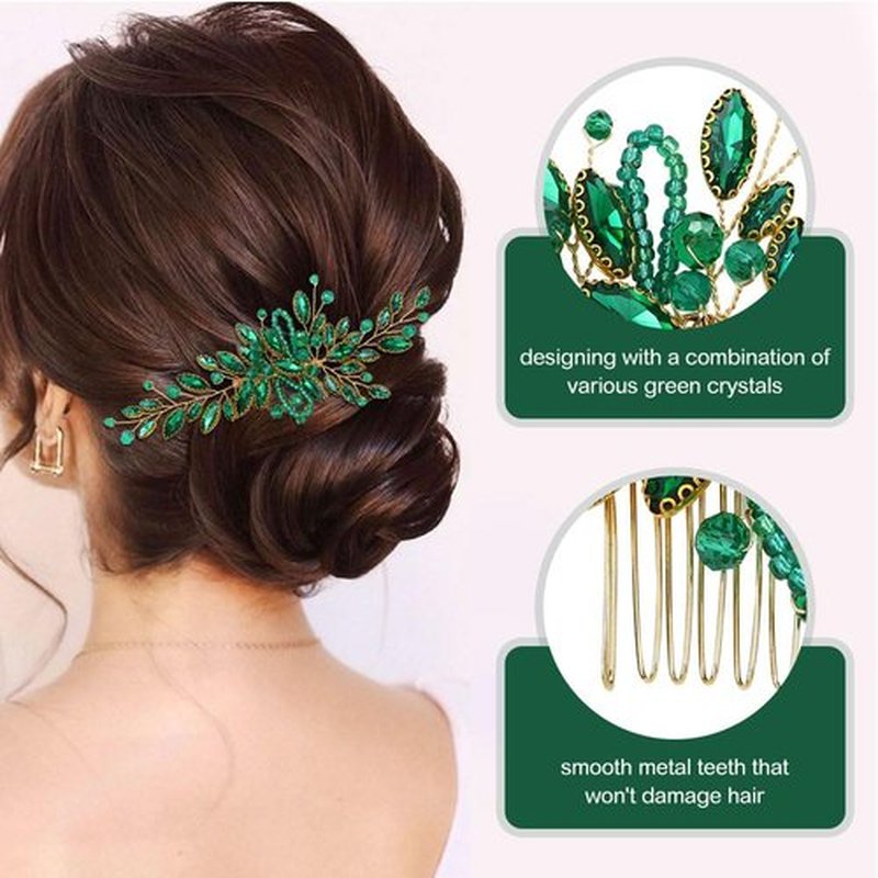 Dizila 7 Pieces Emerald Green Crystal Bead Party Prom Wedding Bridal Vine Leaf Hair Side Combs + Rhinestone U-shaped Hair Pins Headpieces for Brides Bridesmaids Women Girls