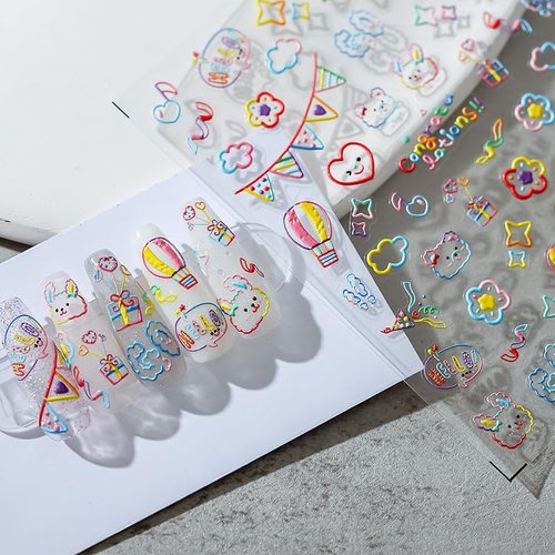 Dedyel Rainbow Birthday Party Nail Stickers Cute Cartoon Designs Self-Adhesive Nail Art Stickers for Kids Girls Women Nail Art Decoration
