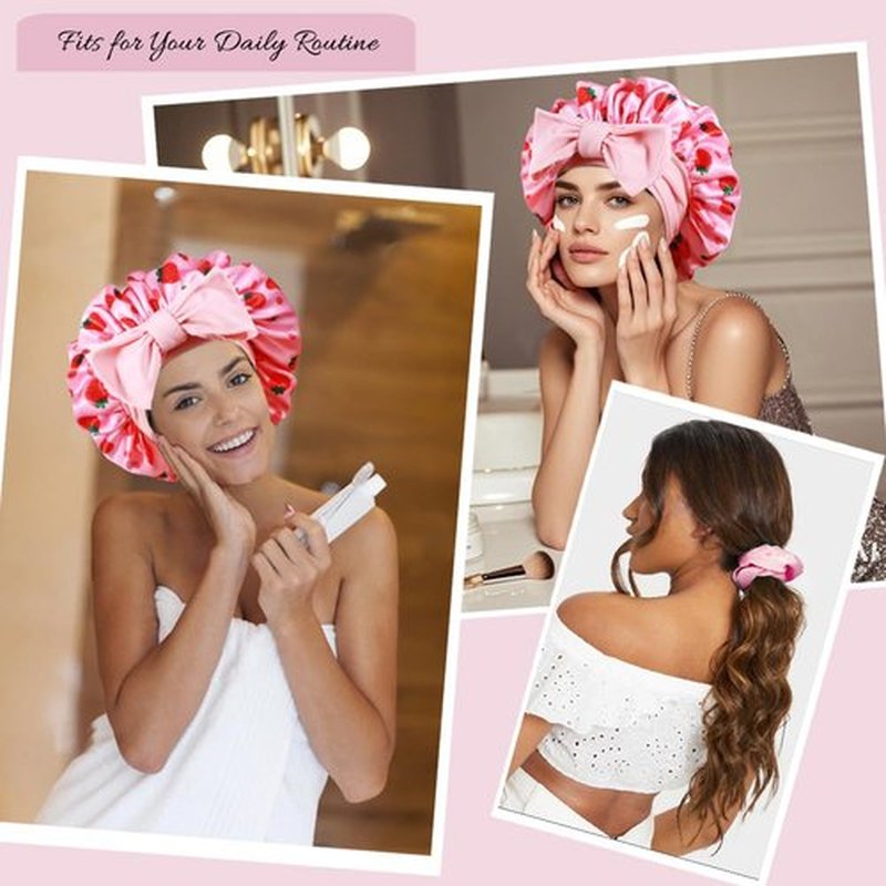 1+3 Large Satin Bonnets with Scrunchies for Women, Double Layer Hair Bonnet Tie Bonnet for Sleeping Braids Curly Hair, J