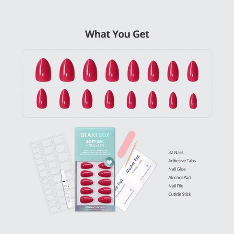 BTArtbox Press On Nails - Raspberry Red Almond Shape | 32 Soft Gel Nails Kit in 16 Sizes