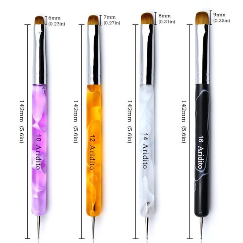 Aridito 4pcs Premium French Nail Art Brush & Dotting Tool - Professional Manicure Tool For Detailed Designs.(pink#10, Orange#12, White#14, Black#16)