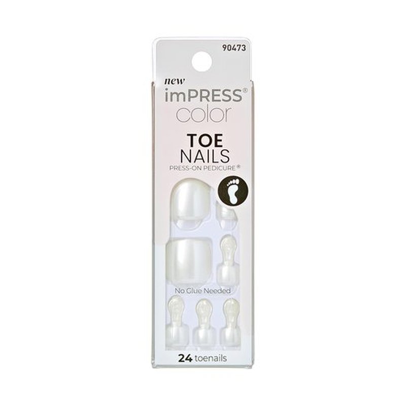 KISS Impress Color No Glue Pedi 30 Pcs Press on Toenails, White Glitter Stick on Extension False Nails for Toes, Peel & Press Easy Apply, Hassle-Free Removal, Includes Manicure Stick, Prep Pad & File