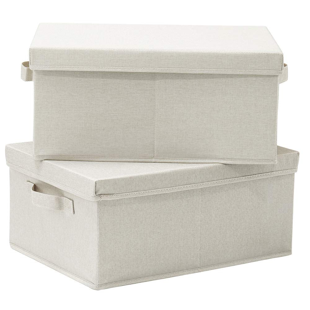 HOONEX Foldable Storage Bins with Lids, 2 Pack, Storage Boxes with Carrying Handles and Sturdy Heavy Cardboard, 16.5" L x 11.8" W x 7.5" H for Shoes, Books, Clothes, Beige