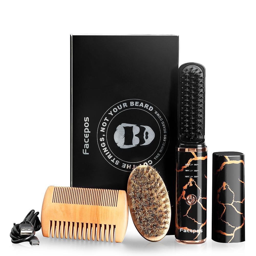 Wireless Electric Heated Beard Straightener Set, Portable Cordless Hair Straightener for Men, Elegant Crackle Pattern Design and Bonus Beard Brush & Wooden Comb for Perfect Grooming
